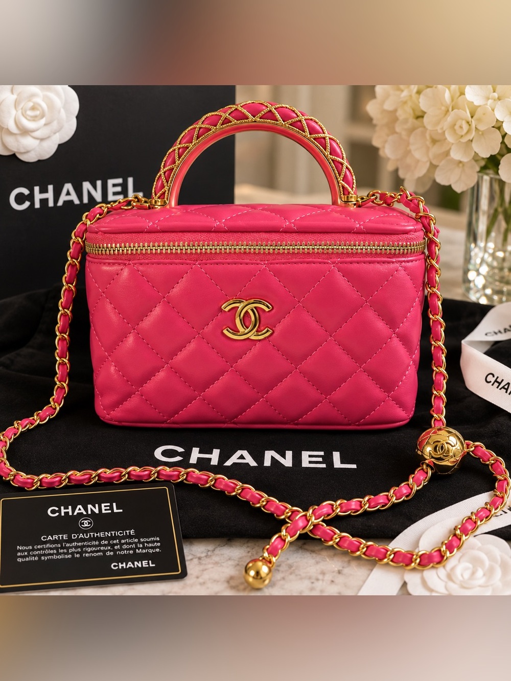 Hot Pink Quilted Vanity Crossbody with Gold Chain